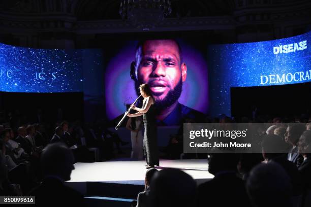 Video featuring Lebron James plays to a musical accompaniment at the opening of the Bloomberg Global Business Forum on September 20, 2017 in New York...