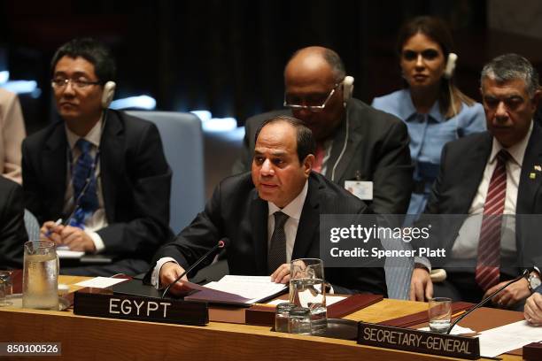 Egyptian President Abdel Fattah al-Sisi speaks at a Security Council meeting during the 72nd United Nations General Assembly at U.N. Headquarters on...