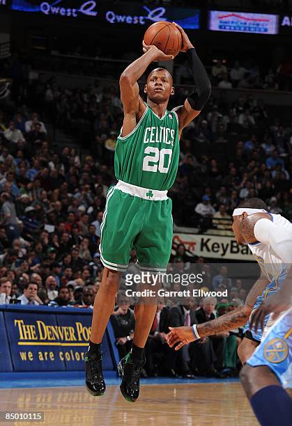Ray Allen of the Boston Celtics takes a shot against the Denver Nuggets on February 23, 2009 at the Pepsi Center in Denver, Colorado. NOTE TO USER:...