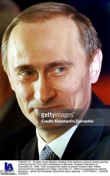 Russian Prime Minister Vladimir Putin delivers a speech during opening ceremony for the Year 2000 celebrations in Moscow, Russian Federation on...