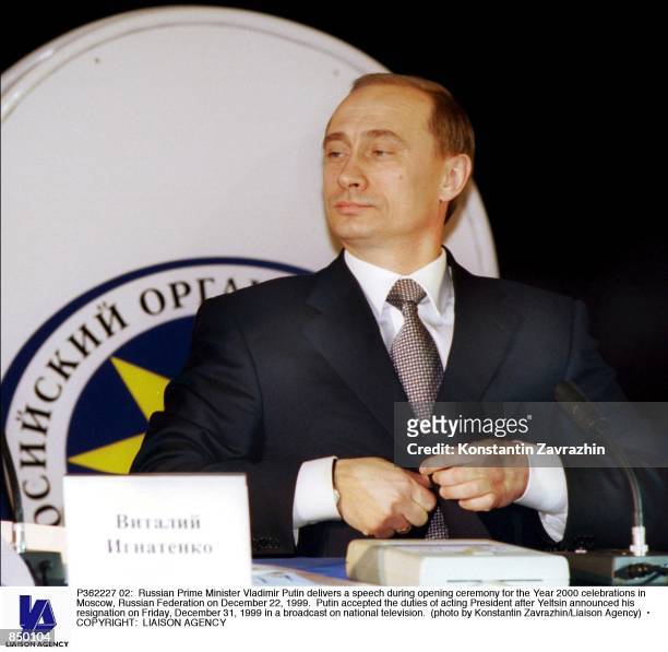 Russian Prime Minister Vladimir Putin delivers a speech during opening ceremony for the Year 2000 celebrations in Moscow, Russian Federation on...