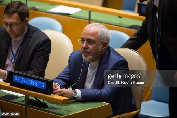 Iranian Foreign Minister Javad Zarif takes his seat during the U.N. General Assembly at the United Nations on September 20, 2017 in New York, New...