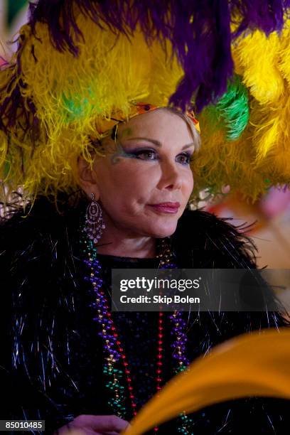 Comedian Joan Rivers rides in the 2009 Krewe of Orpheus Parade on February 23, 2009 in New Orleans, Louisiana.