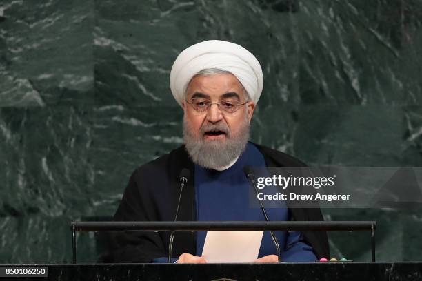 Hassan Rouhani, President of the Islamic Republic of Iran, addresses the United Nations General Assembly at UN headquarters, September 20, 2017 in...