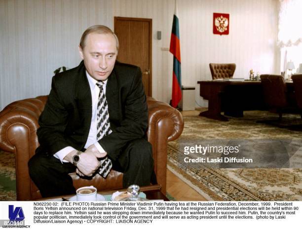Russian Prime Minister Vladimir Putin having tea at the Russian Federation, December, 1999. President Boris Yeltsin announced on national television...