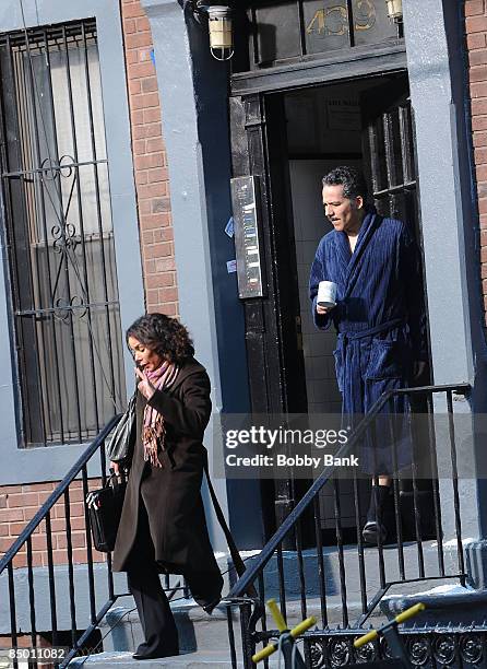 Daphne Rubin-Vega and John Ortiz on location for "Jack Goes Boating" on the streets of Manhattan on February 23, 2009 in New York City.