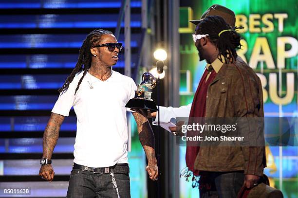 Rappers Lil' Wayne and T-Pain onstage at the 51st Annual GRAMMY Awards held at the Staples Center on February 8, 2009 in Los Angeles, California.
