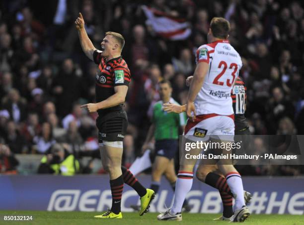 Saracens' Chris Ashton celebrates his try during the Heineken Cup, Quarter Final match at Twickenham, London.