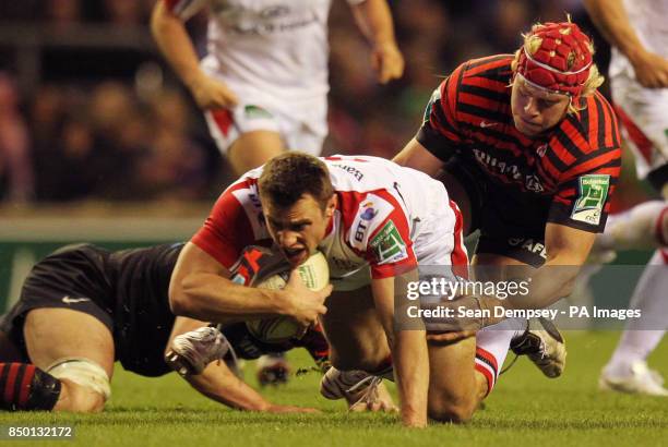 During the Heineken Cup Quarter Final Saracens v Ulster at Twickenham left with the ball Ulsters Tommy Bowe