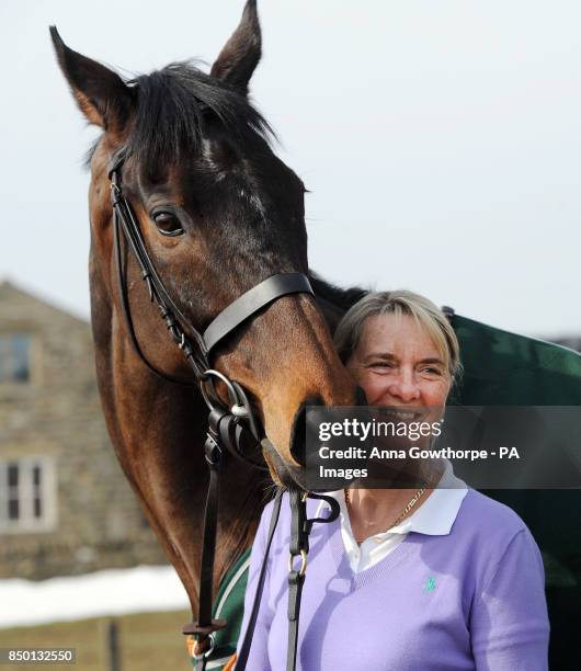 Auroras Encore with winning trainer Sue Smith during the winners photocall at Craiglands Farm, Bingley.