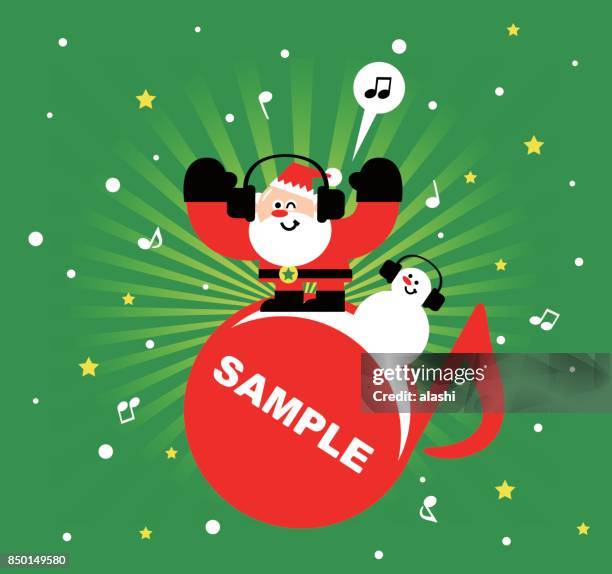 merry christmas and new year greeting card, santa claus and snowman with headset, listening to music, radial rays (stripes) background - christmas music listen stock illustrations