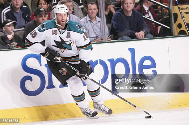 Joe Thornton of the San Jose Sharks handles the puck against the Dallas Stars on February 23, 2009 at the American Airlines Center in Dallas, Texas.