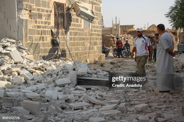General view of the scene is seen after Abu Bakr As-Siddiq Mosque was hit with an air strike in Idlib, Syria on September 20, 2017. It is reported...