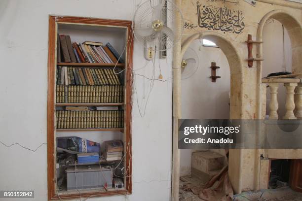 An inside view of the scene is seen after Abu Bakr As-Siddiq Mosque was hit with an air strike in Idlib, Syria on September 20, 2017. It is reported...