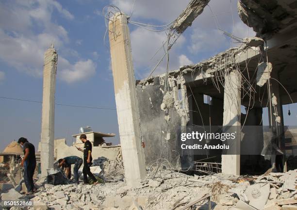 General view of the scene is seen after Abu Bakr As-Siddiq Mosque was hit with an air strike in Idlib, Syria on September 20, 2017. It is reported...