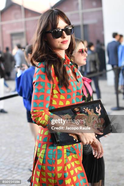 Dakota Johnson is seen leaving the Gucci show during Milan Fashion Week Spring/Summer 2018 on September 20, 2017 in Milan, Italy.