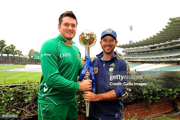 Captain Graeme Smith and Captain Ricky Ponting of Australia pose with the ICC Test Series Mace trophy from Liberty Life Wanderers Stadium on February...