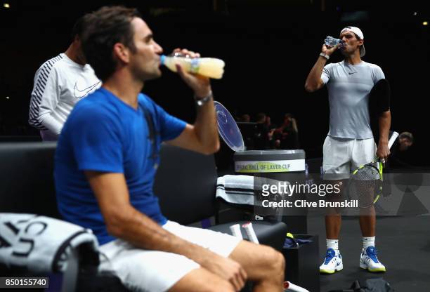 Roger Federer of Switzerland and Rafael Nadal of Spain cools down during a training session ahead of the Laver Cup on September 20, 2017 in Prague,...