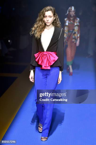 Model walks the runway at the Gucci Spring Summer 2018 fashion show during Milan Fashion Week on September 20, 2017 in Milan, Italy.