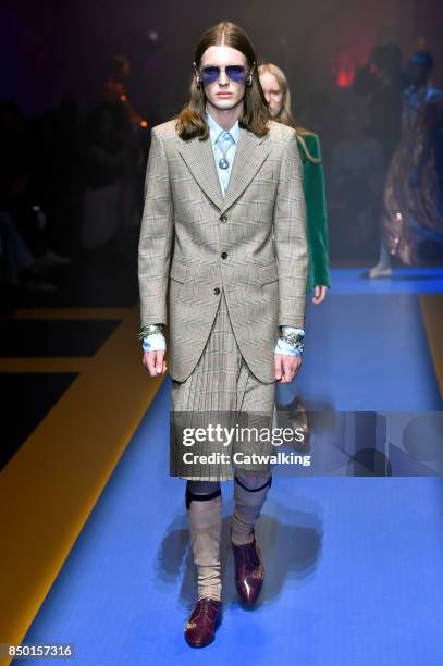 Model walks the runway at the Gucci Spring Summer 2018 fashion show during Milan Fashion Week on September 20, 2017 in Milan, Italy.