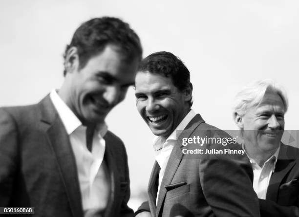 Rafael Nadal, Roger Federer and Bjorn Borg of Team Europe enjoy a joke during previews on September 20, 2017 in Prague, Czech Republic.