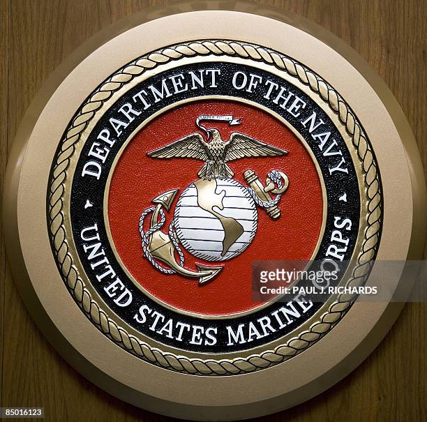The US Department of the Navy, US Marine Corps, logo hangs on the wall February 24 at the Pentagon in Washington,DC. AFP Photo/Paul J. Richards