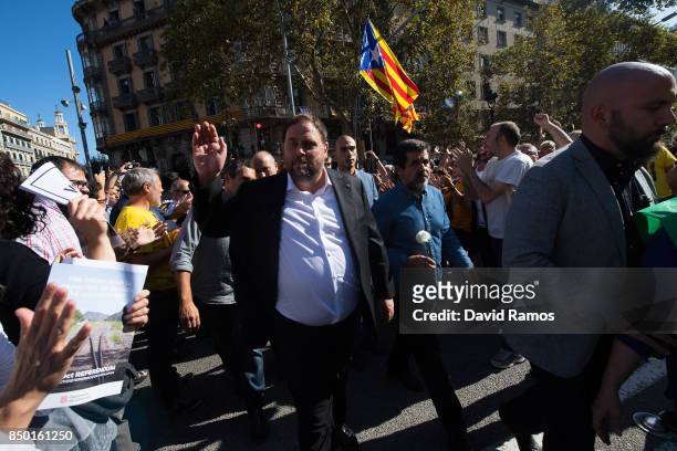 Catalonia Vice-President Oriol Junqueras arrives at the Catalan Vice-President and Economy office as police officers holds a searching operation...