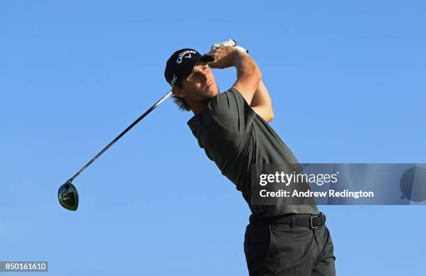 Thomas Pieters of Belgium in action during practice for the Portugal Masters at Dom Pedro Victoria Golf Club on September 20, 2017 in Albufeira,...