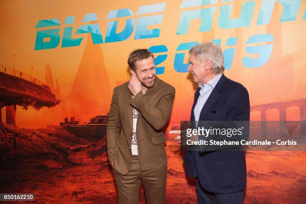 Actors Ryan Gosling and Harrison Ford attend the "Blade Runner 2049" Photocall at Hotel Le Bristol on September 20, 2017 in Paris, France.