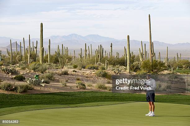 World Match Play Championship: Scenic view of Steve Williams, caddie of Tiger Woods walking the course during Monday practice before tournament play...