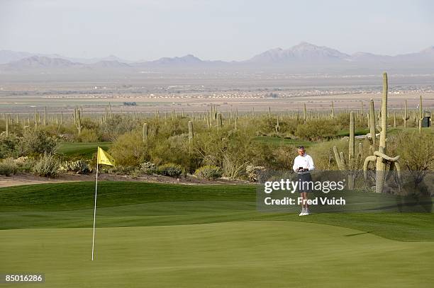 World Match Play Championship: Scenic view of Steve Williams, caddie of Tiger Woods walking the course during Monday practice before tournament play...