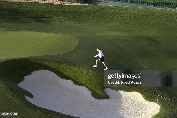 World Match Play Championship: Scenic view of Steve Williams, caddie of Tiger Woods walking the course during Monday practice before tournament play...