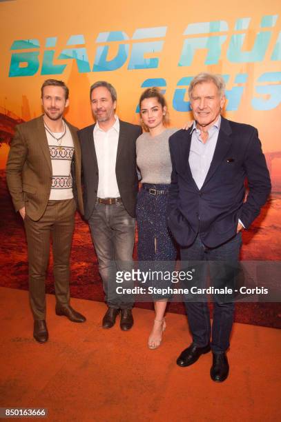 Actor Ryan Gosling, director Denis Villeneuve, actress Ana de Armas and actor Harrison Ford attend the "Blade Runner 2049" Photocall at Hotel Le...