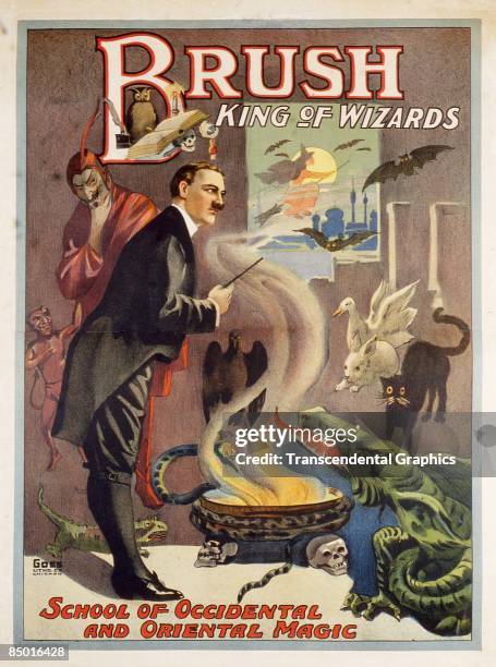 Color lithographic poster advertising Edwin Brush , the King of Wizards, and his school of Occidental and Oriental Magic, 1890s.