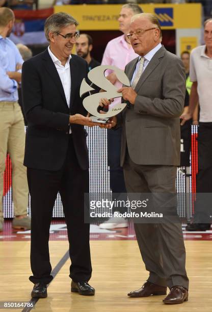 Jordi Bertomeu, CEO Euroleague Basketball gives to Dusan Ivkovic the Legend Trophy during the celebration of Dusan Ivkovic Honored As Euroleague...