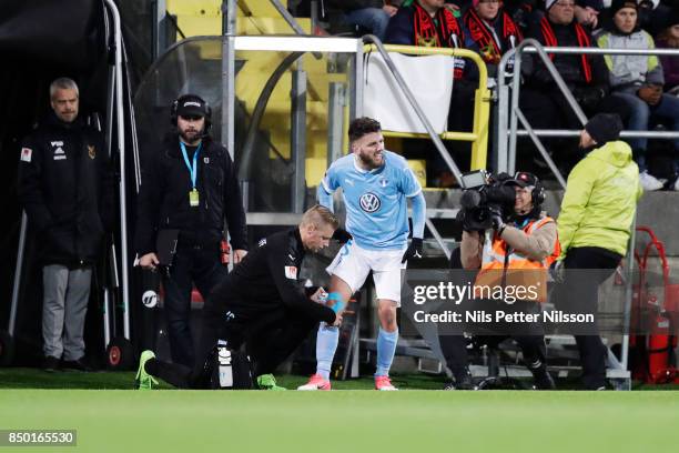 Erdal Rakip of Malmo FF in pain during the Allsvenskan match between IFK Norrkoping and BK Hacken at Nya Parken on September 19, 2017 in Norrkoping,...