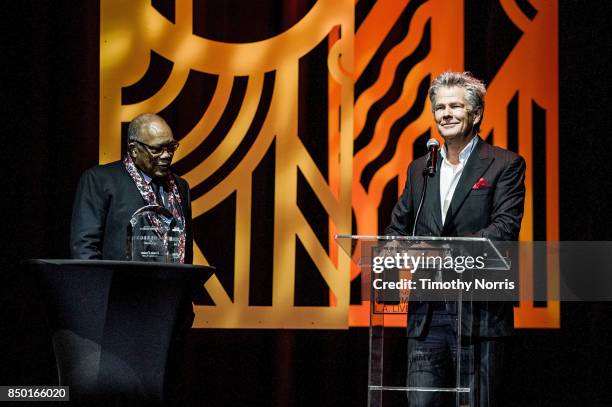 Quincy Jones and David Foster speak during the 2017 GRAMMY Museum Gala Honoring David Foster at The Novo by Microsoft on September 19, 2017 in Los...