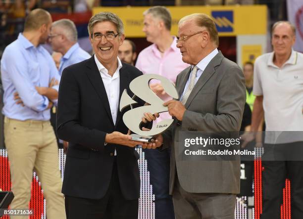 Jordi Bertomeu, CEO Euroleague Basketball gives to Dusan Ivkovic the Legend Trophy during the celebration of Dusan Ivkovic Honored As Euroleague...