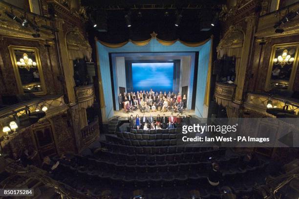 Group photo of the nominees for the Olivier Awards 2013 with MasterCard gather on stage today at the Theatre Royal, Haymarket. Back row stage...