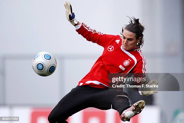 Nadine Angerer in action during the Women's German National Team training session at the Schueco Arena on February 24, 2009 in Bielefeld, Germany.