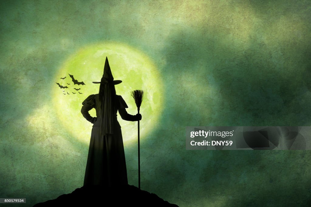 Halloween Witch Holds Her Broom Standing In Front Of Full Moon