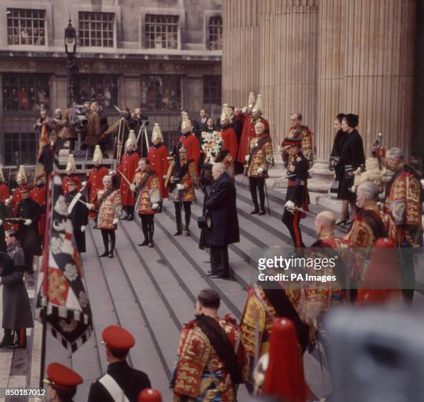 Randolph Churchill and Lady Churchill leaving St Paul's Cathedral in London after the funeral service of Sir Winston Churchill.
