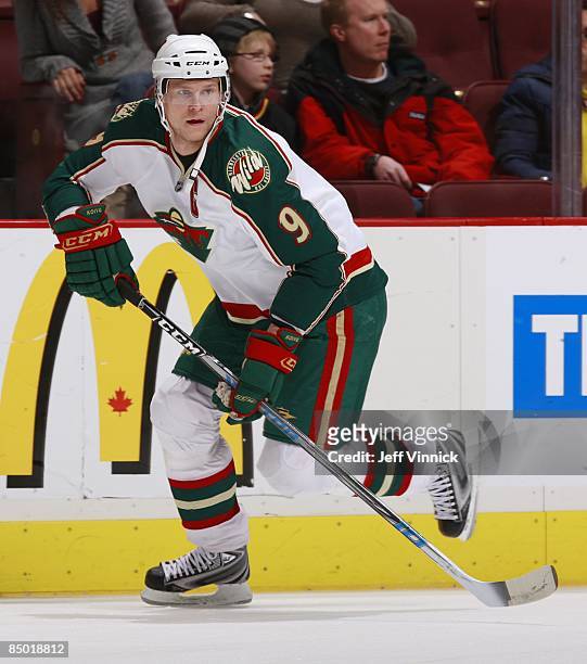 Mikko Koivu of the Minnesota Wild skates up ice during the game against the Vancouver Canucks at General Motors Place on January 31, 2009 in...