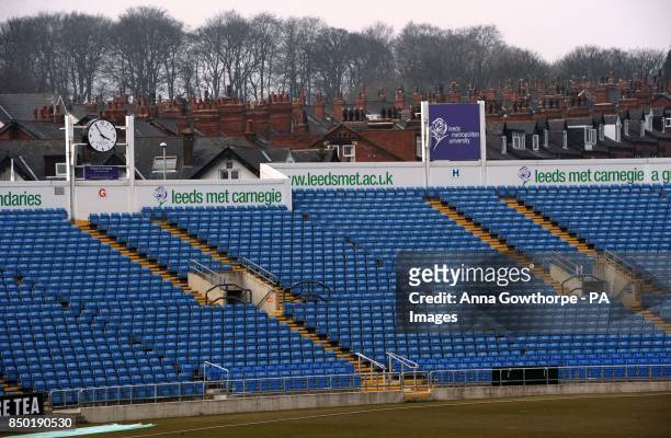 General view showing an empty western terrace in the match between Yorkshire and Sussex during the LV=County Championship Division One match at...