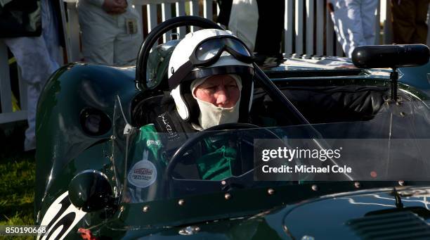 9th: Derek Hood in his 1958 Lister-Jaguar 'Knobbly' in the Assembly Area, entrant JD Classics, in the Sussex Trophy at Goodwood on September 9th 2017...