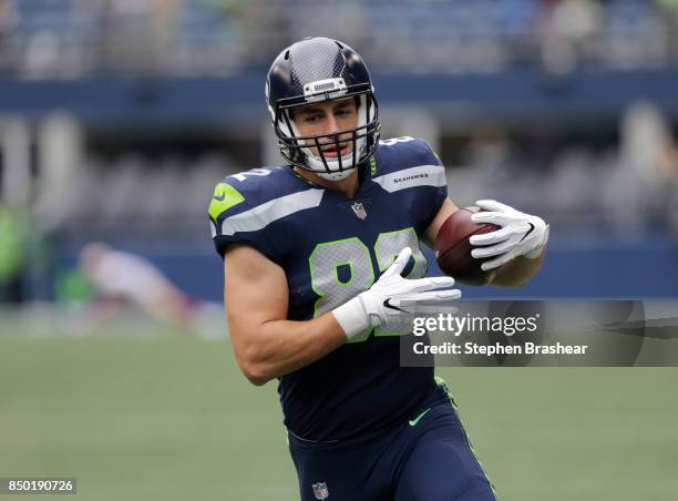 Tight end Luke Willson of the Seattle Seahawks runs with the ball during warm ups before a game against the San Francisco 49ers at CenturyLink Field...