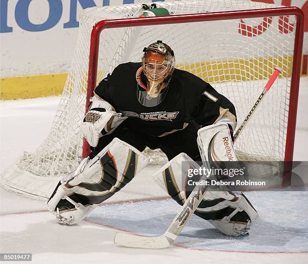 Jonas Hiller of the Anaheim Ducks defends in the crease against the Los Angeles Kings during the game on February 18, 2009 at Honda Center in...