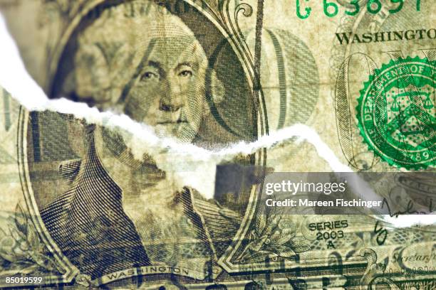 torn one dollar bill, close-up - weakness stock pictures, royalty-free photos & images