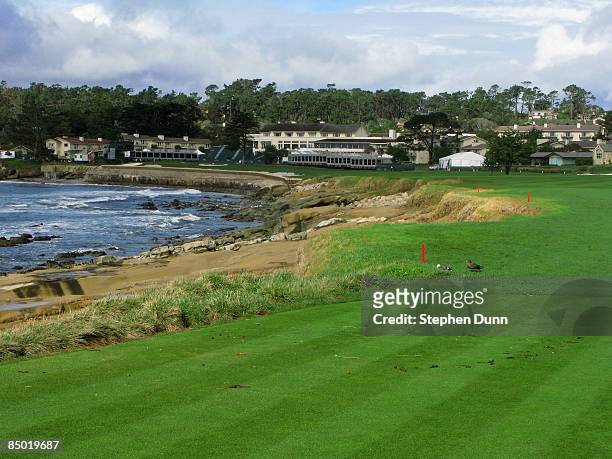 General view of hole on Pebble Beach Golf Links after cancellation of the final round of the the AT&T Pebble Beach National Pro-Am on February 16,...