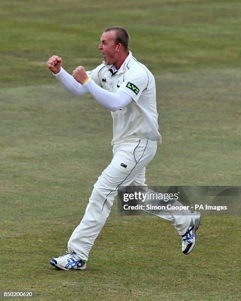 Nottinghamshire's Luke Fletcher celebrates taking the wicket of Middlesex's Sam Robson during the LV=County Championship Division One match at Trent...
